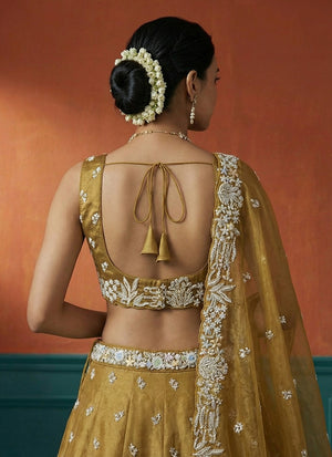 Amber Yellow Tissue Silk Lehenga Choli