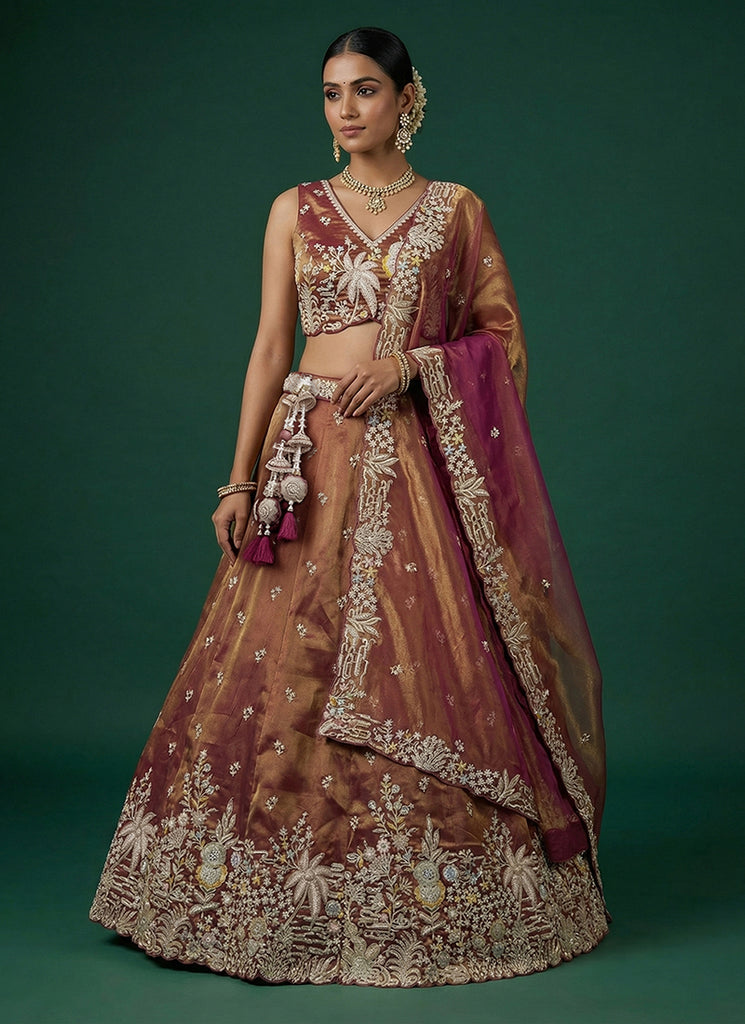 Copper Brown Tissue Silk Lehenga Choli