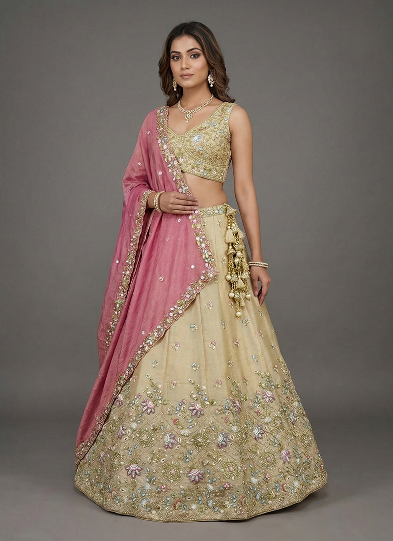 Yellow And Pink Embroidered Tissue Silk Lehenga Choli