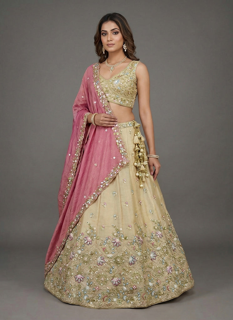 Yellow And Pink Embroidered Tissue Silk Lehenga Choli
