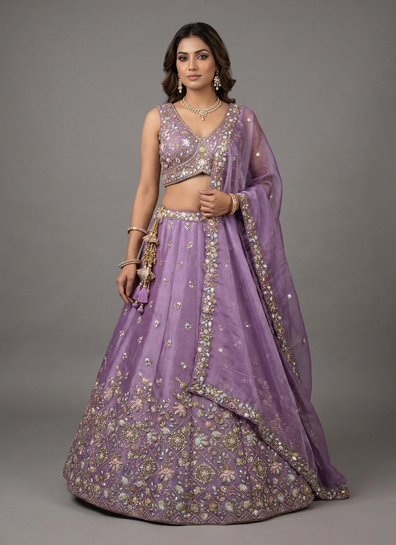 Mauve Purple Embroidered Tissue Silk Lehenga Choli