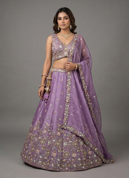 Mauve Purple Embroidered Tissue Silk Lehenga Choli