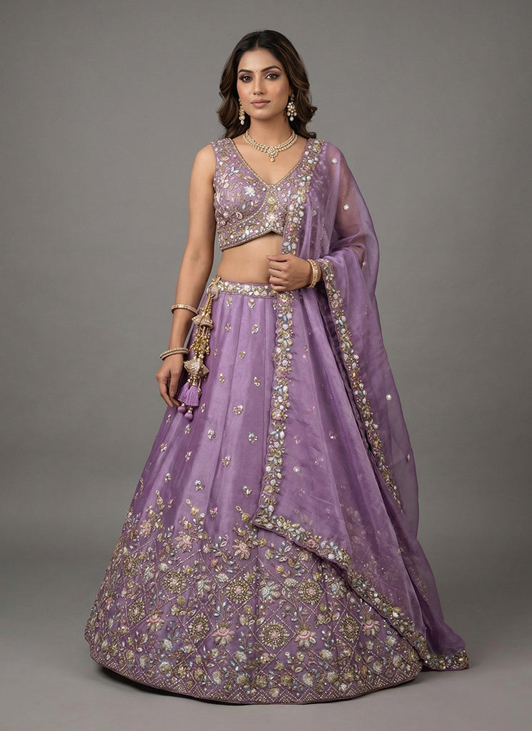 Mauve Purple Embroidered Tissue Silk Lehenga Choli
