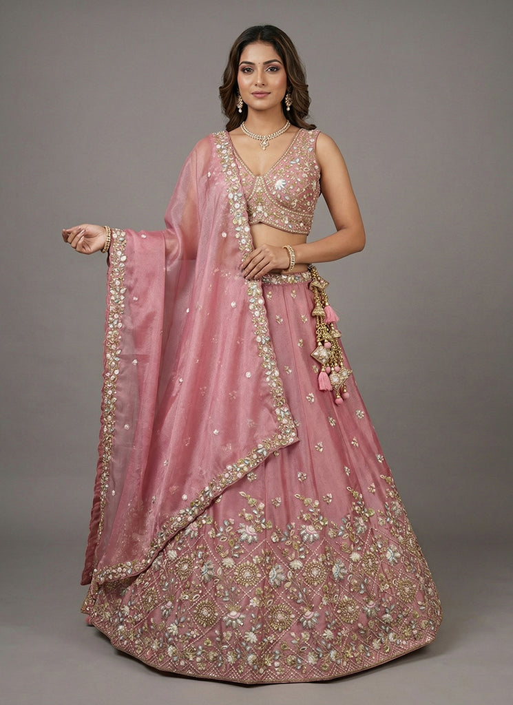 Blush Pink Embroidered Tissue Silk Lehenga Choli