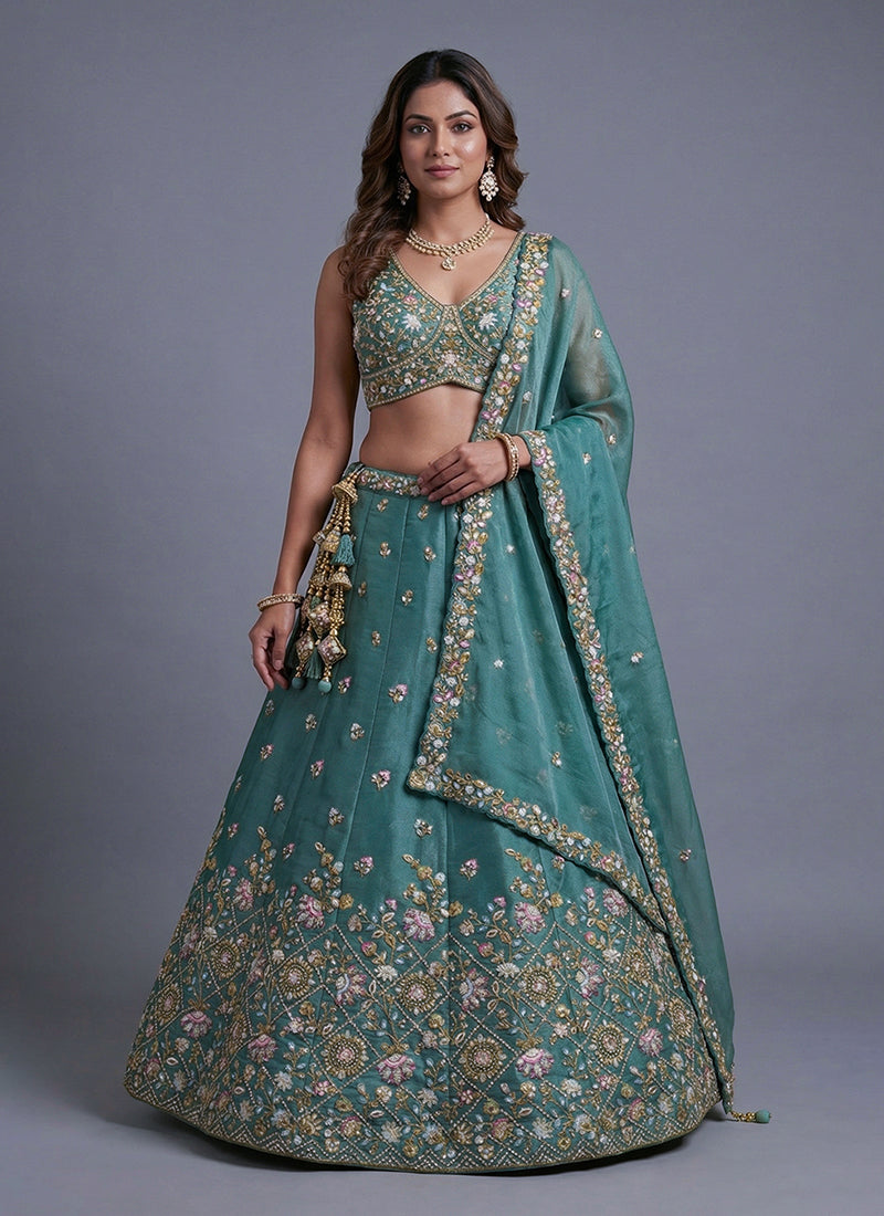 Teal Green Embroidered Tissue Silk Lehenga Choli