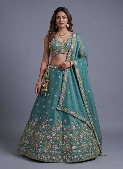 Teal Green Embroidered Tissue Silk Lehenga Choli