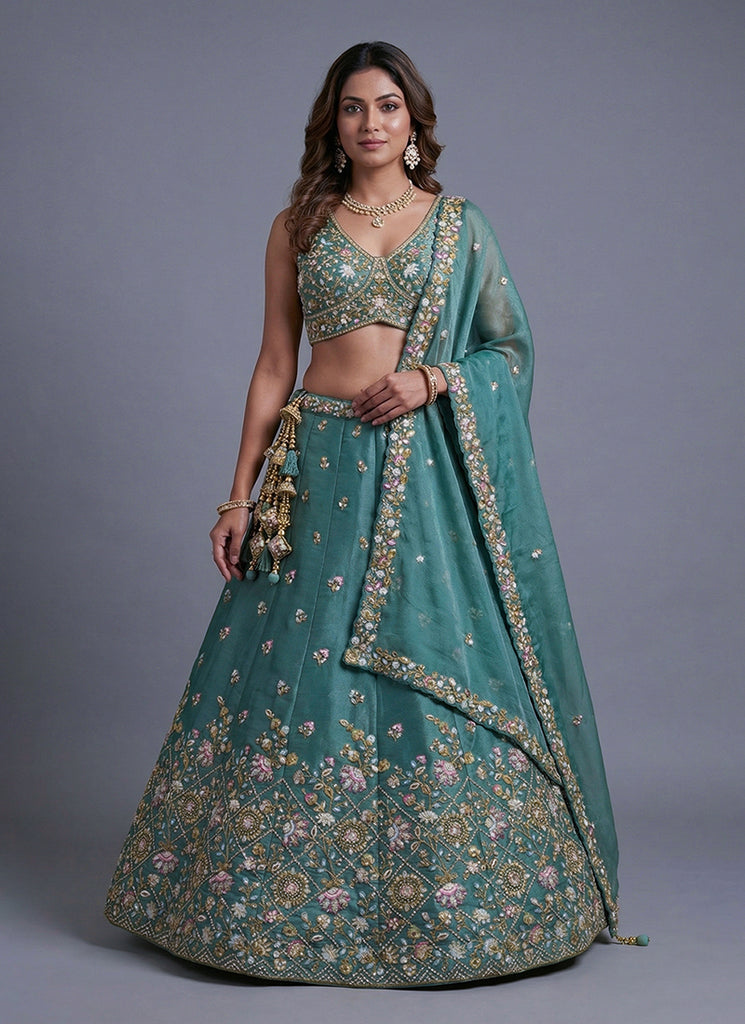 Teal Green Embroidered Tissue Silk Lehenga Choli