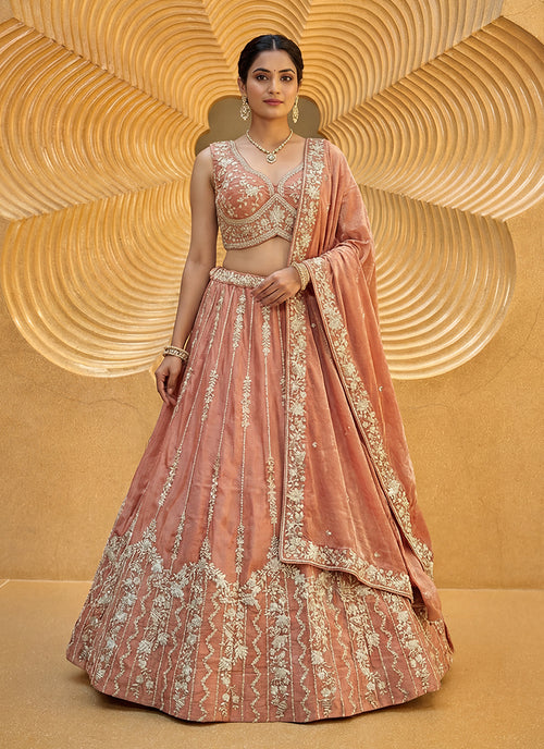 Coral Peach Embroidered Wedding Lehenga Choli