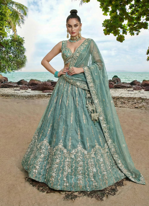 Aqua Teal Embroidered Wedding Lehenga Choli
