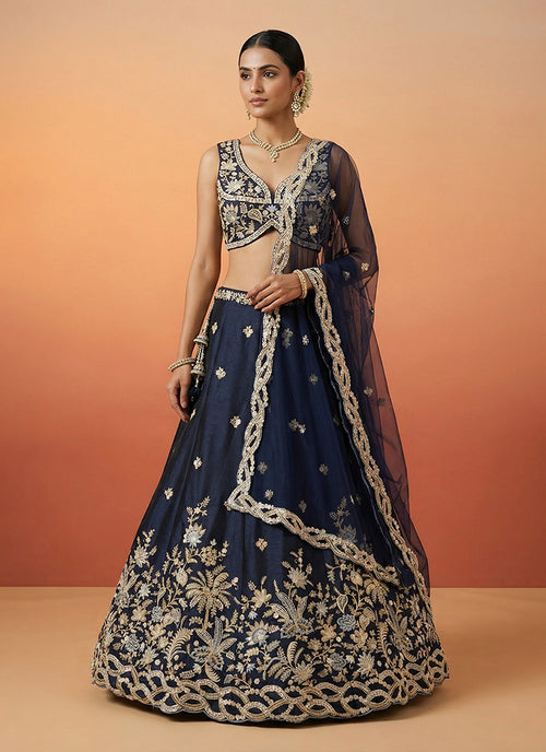 Dark Blue Embroidered Tissue Silk Lehenga Choli
