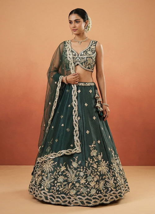 Sage Green Embroidered Tissue Silk Lehenga Choli