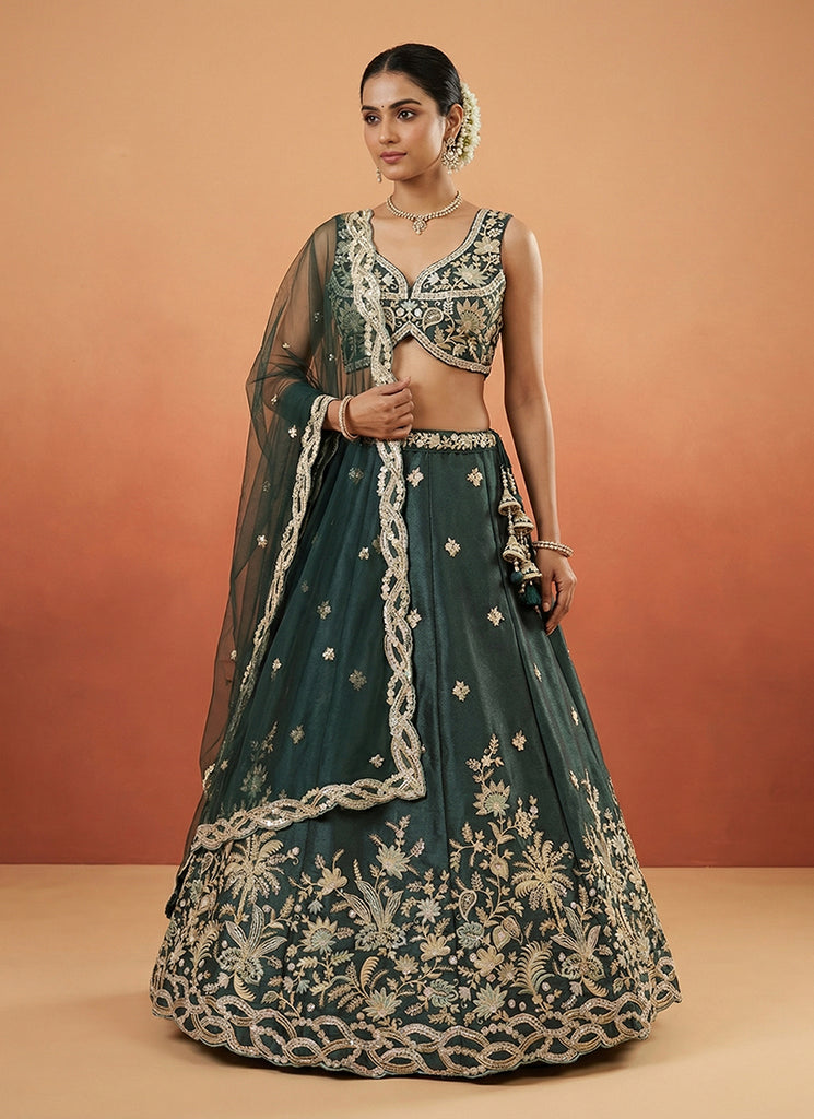 Sage Green Embroidered Tissue Silk Lehenga Choli
