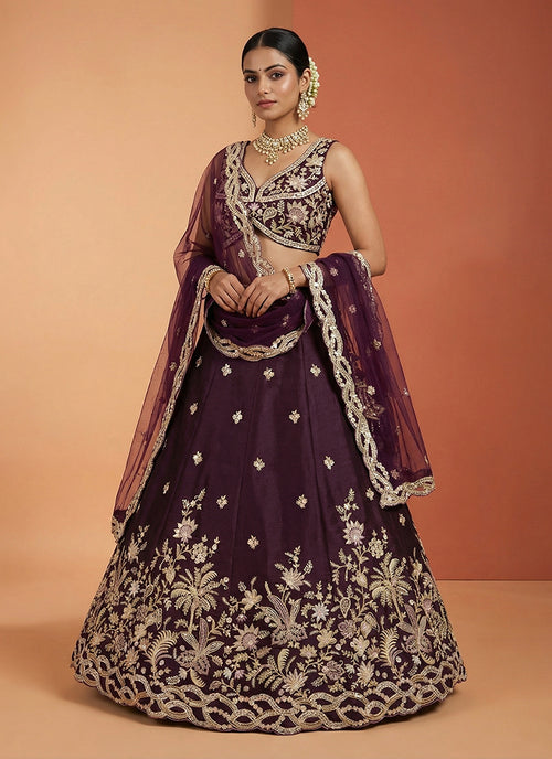 Deep Wine Embroidered Tissue Silk Lehenga Choli