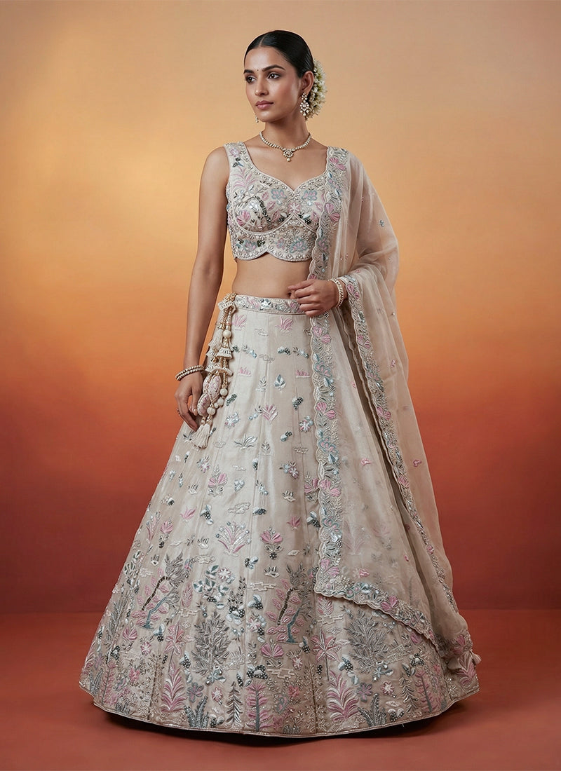 Champagne Beige Embroidered Organza Silk Lehenga Choli