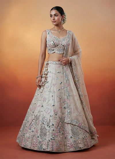 Champagne Beige Embroidered Organza Silk Lehenga Choli