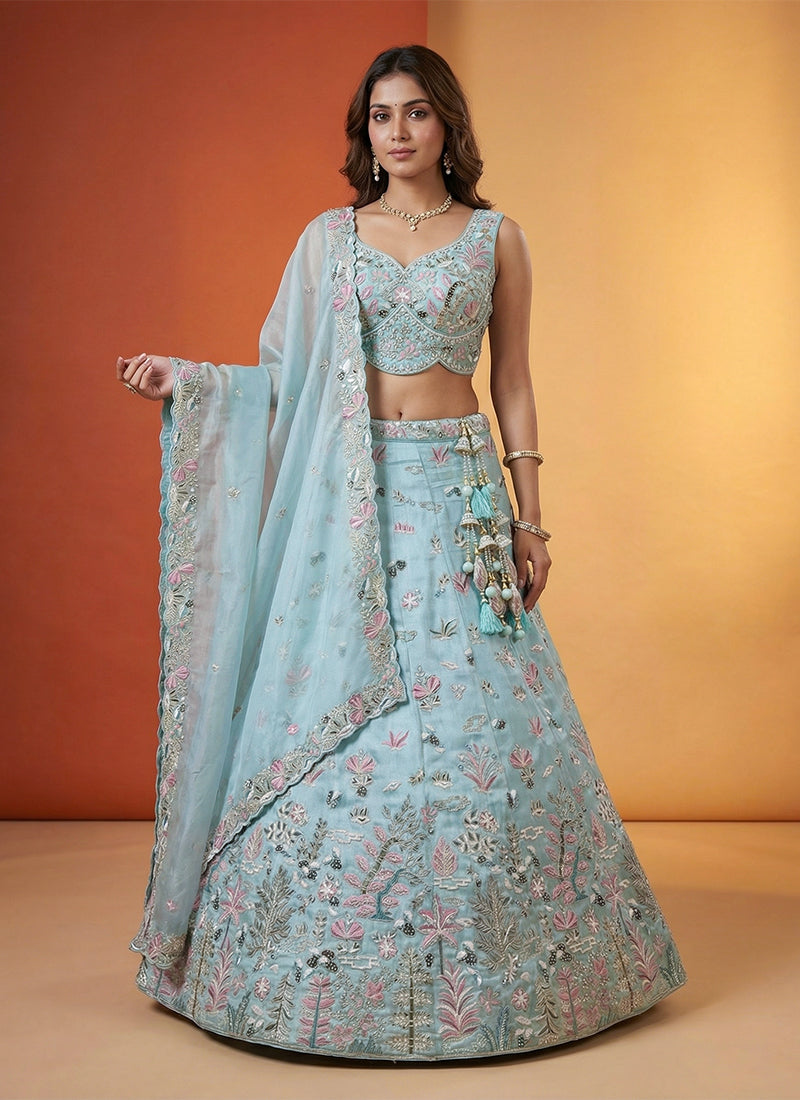 Powder Blue Embroidered Organza Silk Lehenga Choli