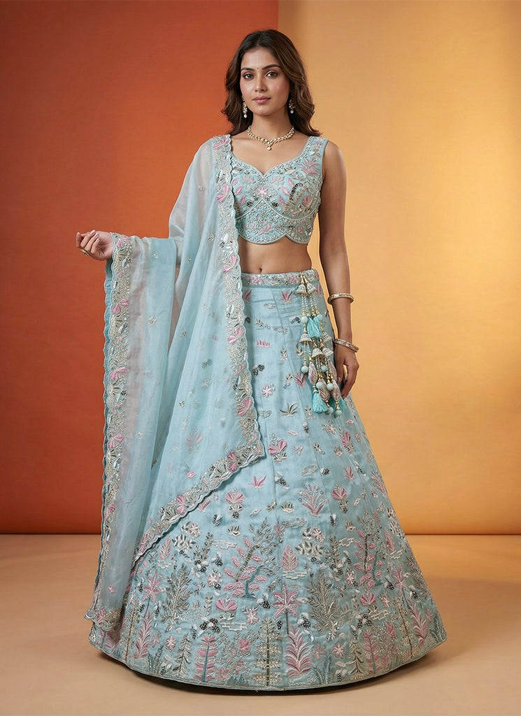 Powder Blue Embroidered Organza Silk Lehenga Choli