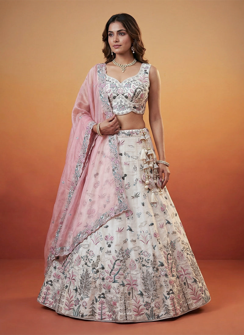 Cream And Pink Embroidered Organza Silk Lehenga Choli