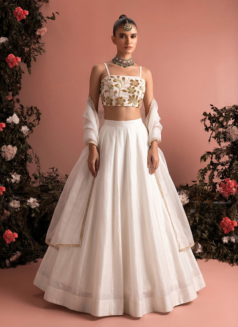 White Handwork Embroidered Silk Lehenga Choli