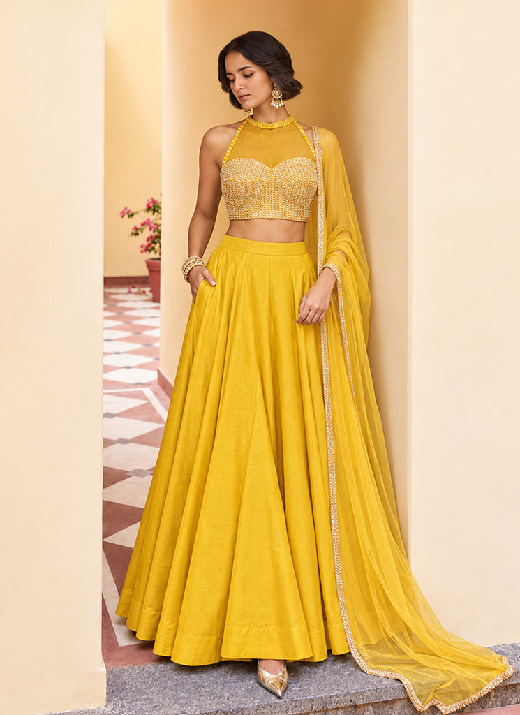 Yellow Embroidered Silk Lehenga Choli
