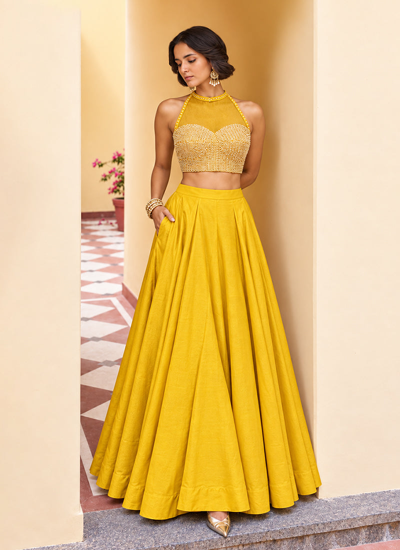Yellow Embroidered Silk Lehenga Choli