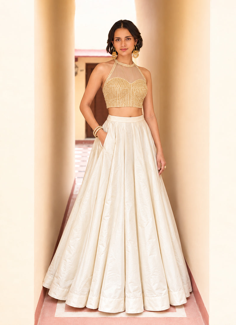 Off White Embroidered Silk Lehenga Choli