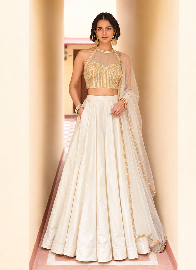 Off White Embroidered Silk Lehenga Choli