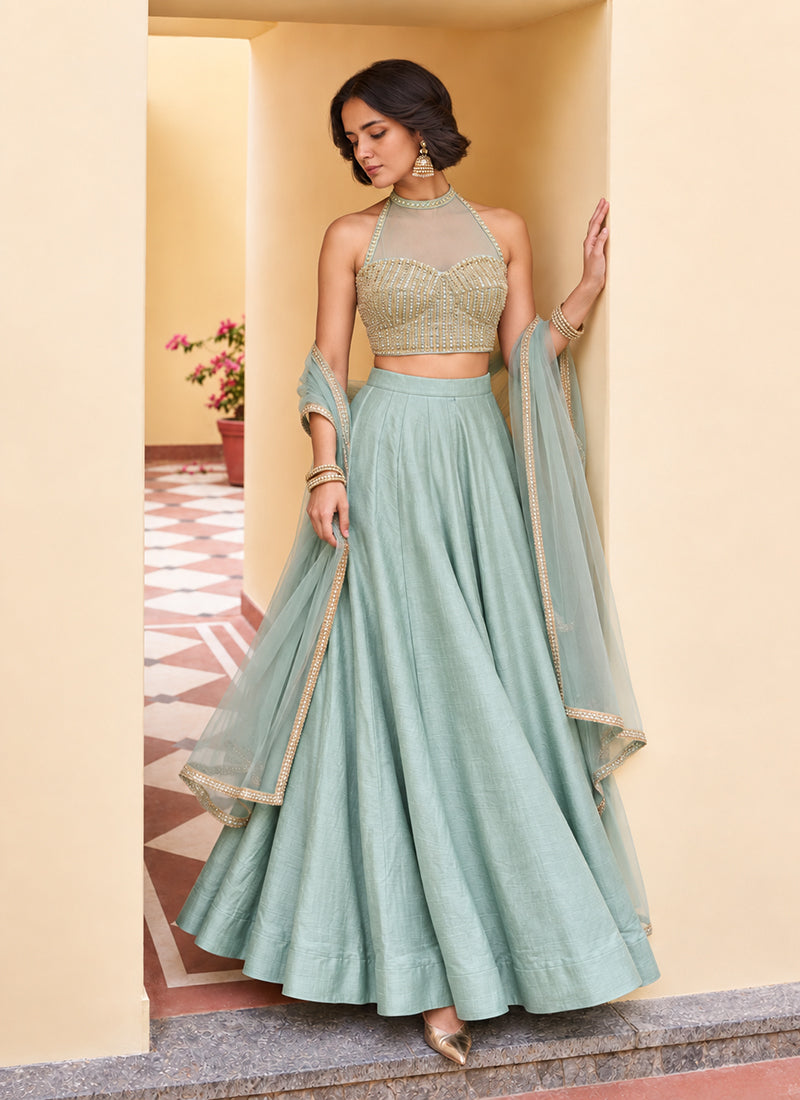 Aqua Blue Embroidered Silk Lehenga Choli