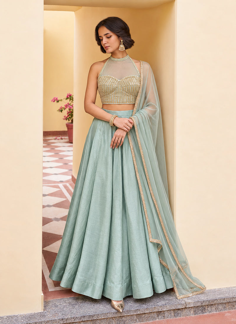 Aqua Blue Embroidered Silk Lehenga Choli