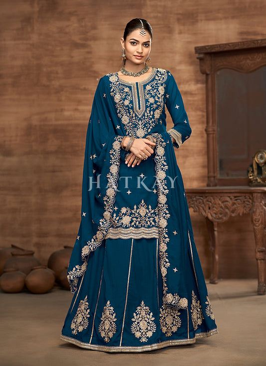 Royal Blue Embroidery Lehenga Kurti And Dupatta