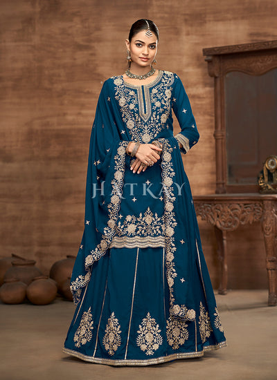 Royal Blue Embroidery Lehenga Kurti And Dupatta
