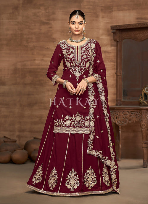 Maroon Embroidery Lehenga Kurti And Dupatta