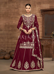 Maroon Embroidery Lehenga Kurti And Dupatta