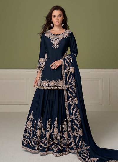 Dark Blue Embroidered Festive Lehenga Kurti Set