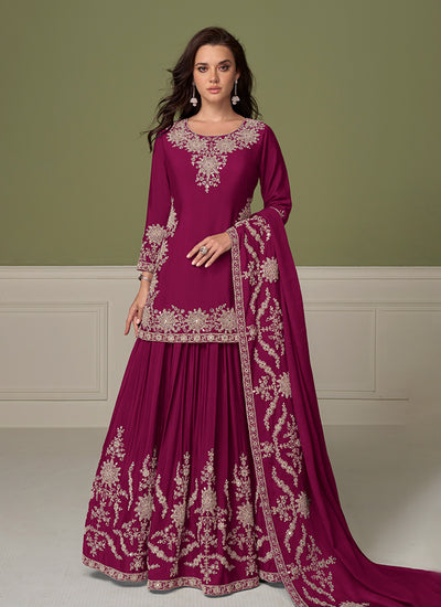 Wine Embroidered Festive Lehenga Kurti Set
