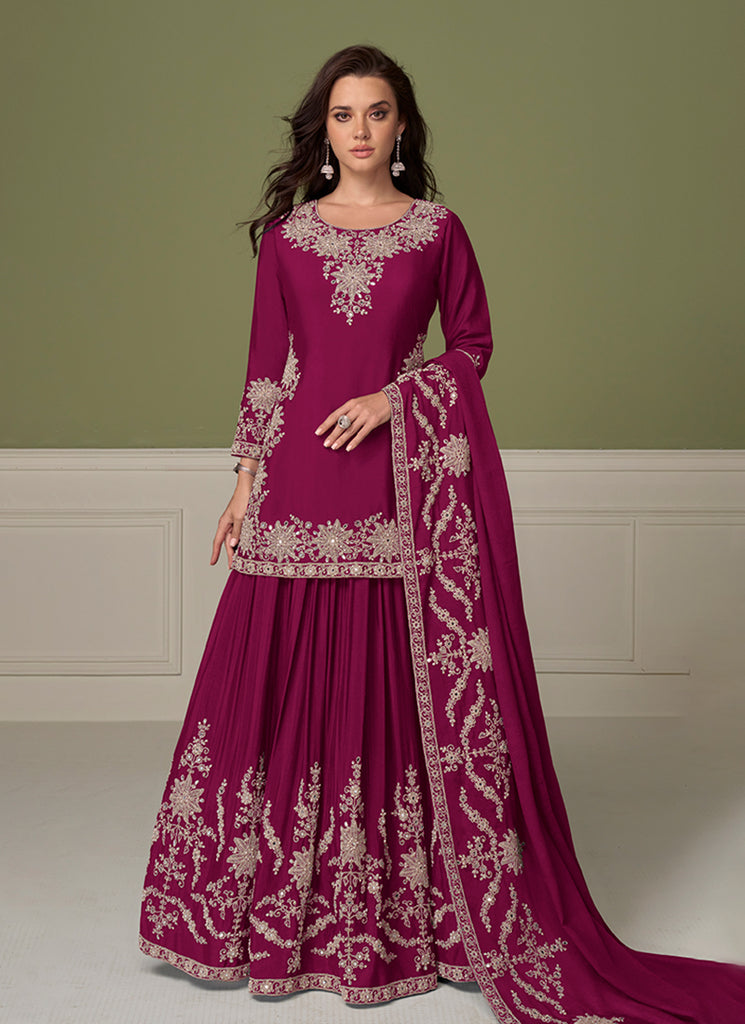 Wine Embroidered Festive Lehenga Kurti Set