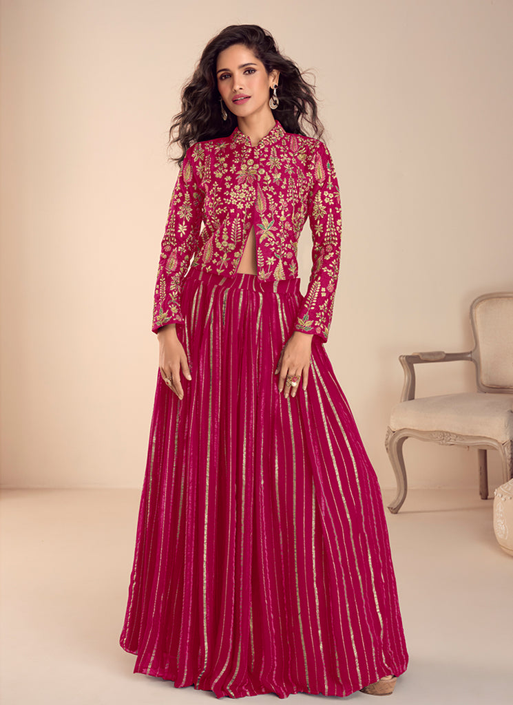 Crimson Embroidered Silk Crop Top Lehenga Set