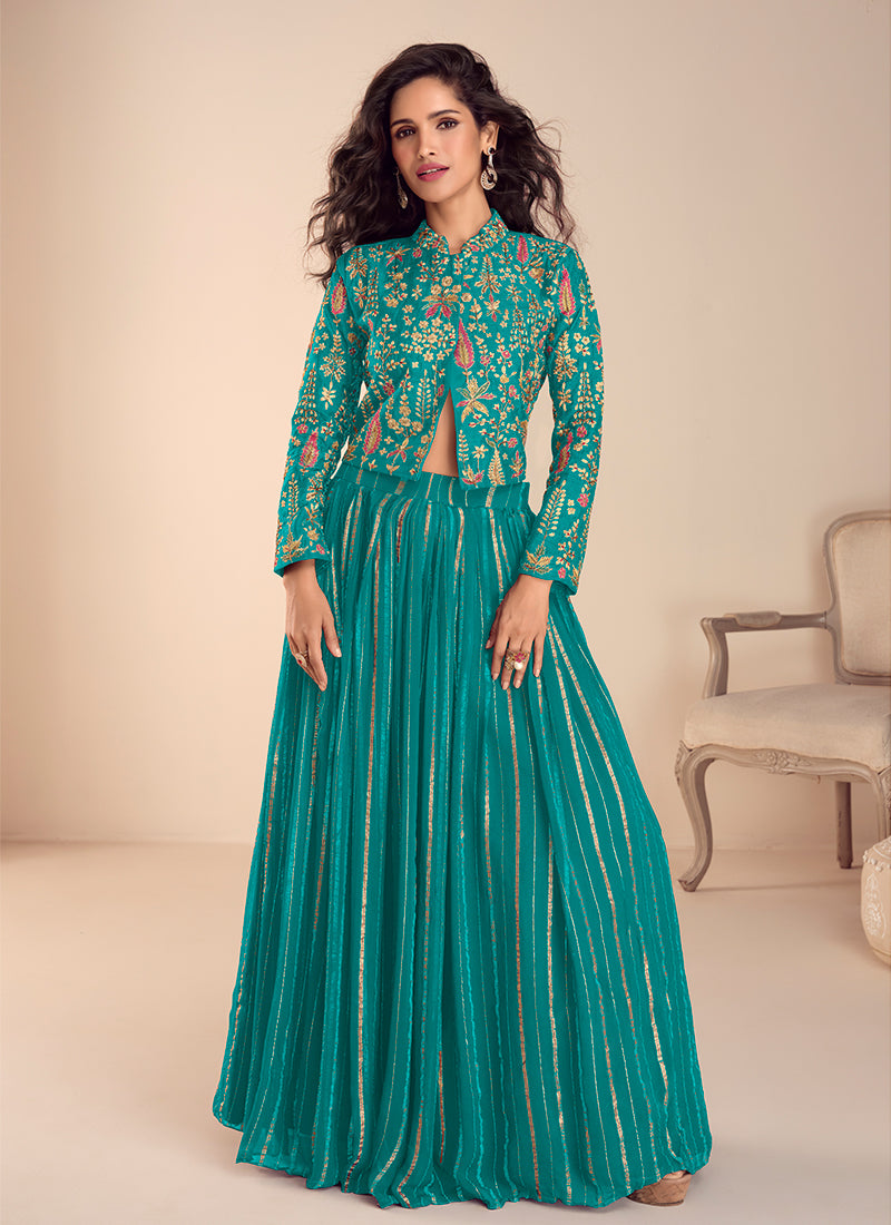 Turquoise Embroidered Silk Crop Top Lehenga Set