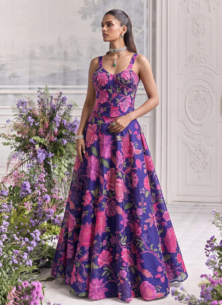 Violet Floral Print Organza Silk Lehenga Set