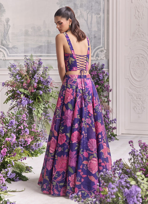 Violet Floral Print Organza Silk Lehenga Set