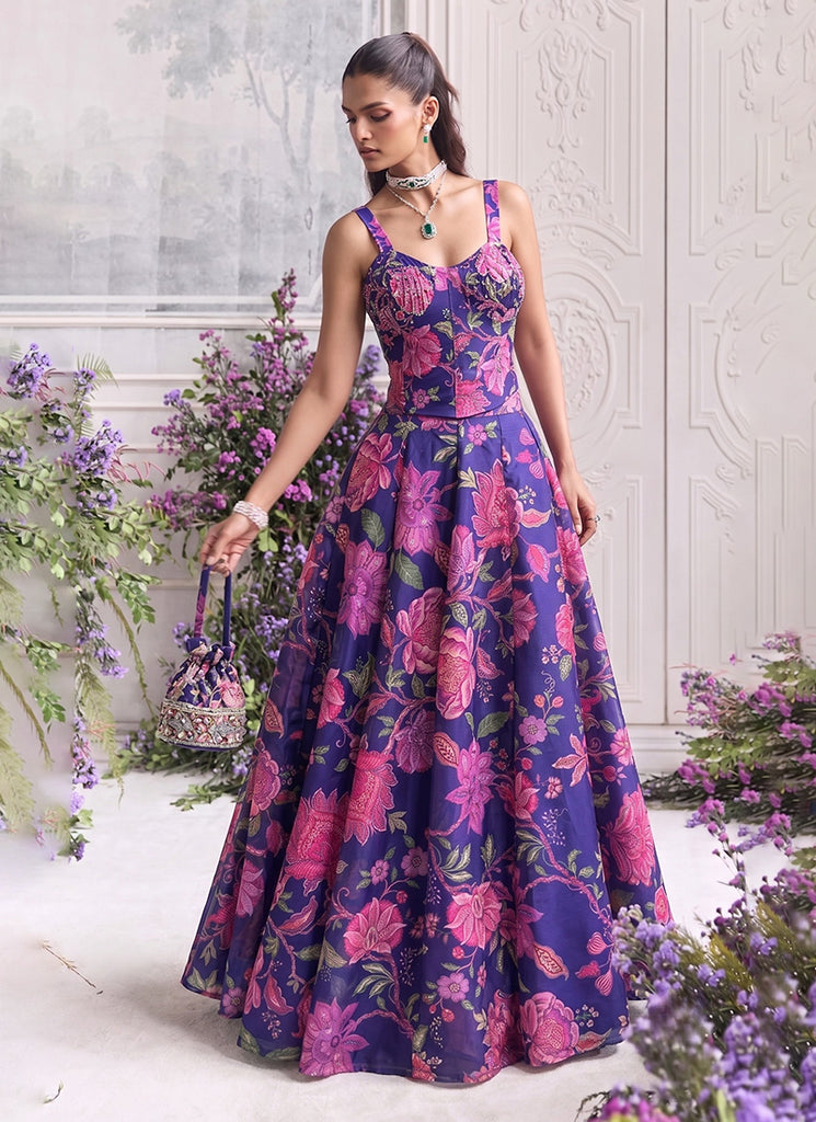 Violet Floral Print Organza Silk Lehenga Set