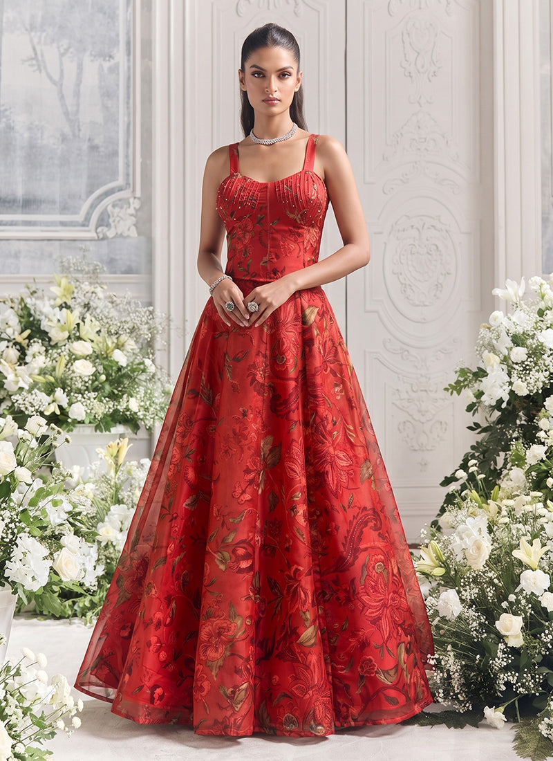 Red Floral Print Organza Silk Lehenga Set