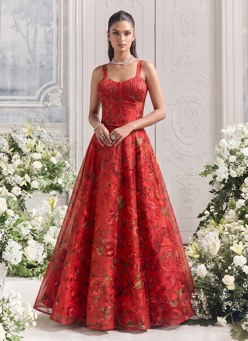 Red Floral Print Organza Silk Lehenga Set