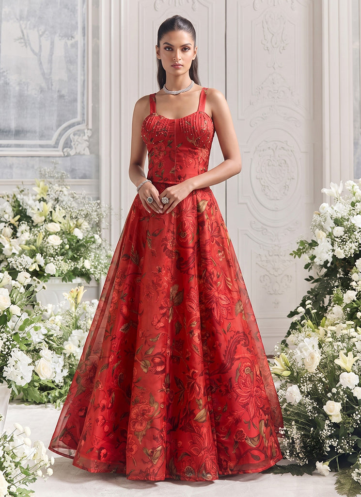 Red Floral Print Organza Silk Lehenga Set