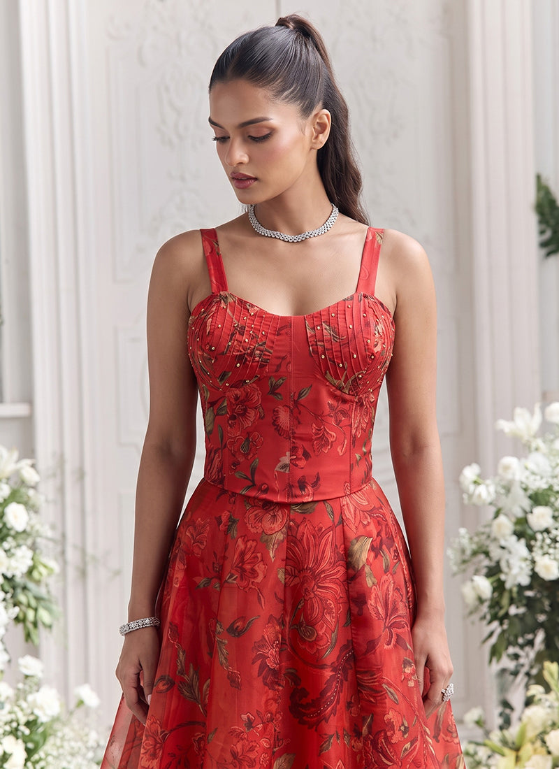 Red Floral Print Organza Silk Lehenga Set