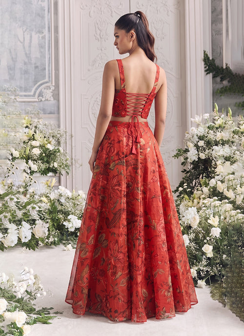 Red Floral Print Organza Silk Lehenga Set