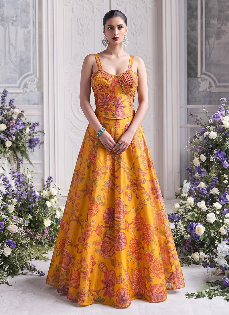 Yellow Floral Print Organza Silk Lehenga Set