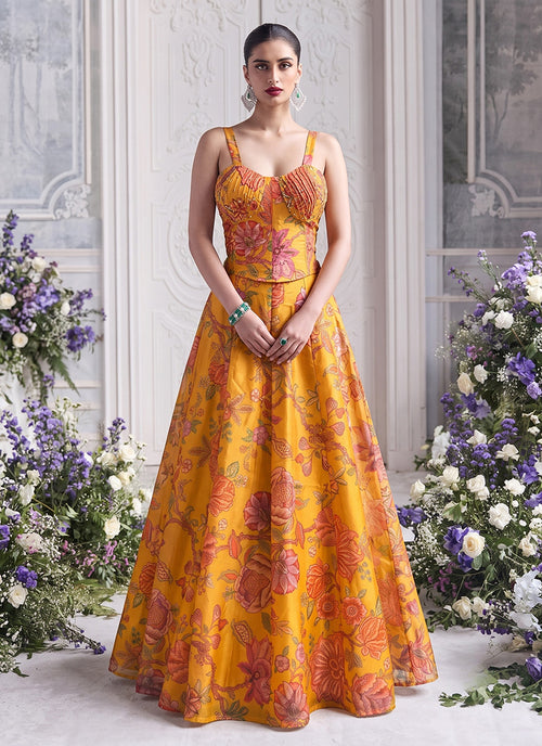 Yellow Floral Print Organza Silk Lehenga Set