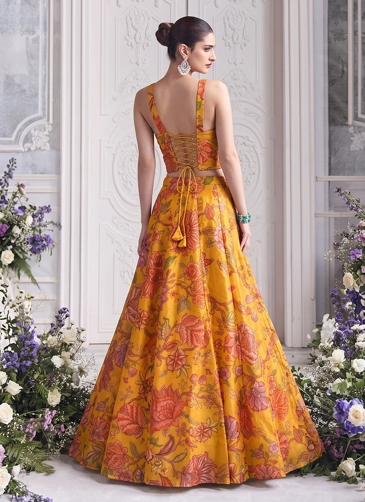 Yellow Floral Print Organza Silk Lehenga Set