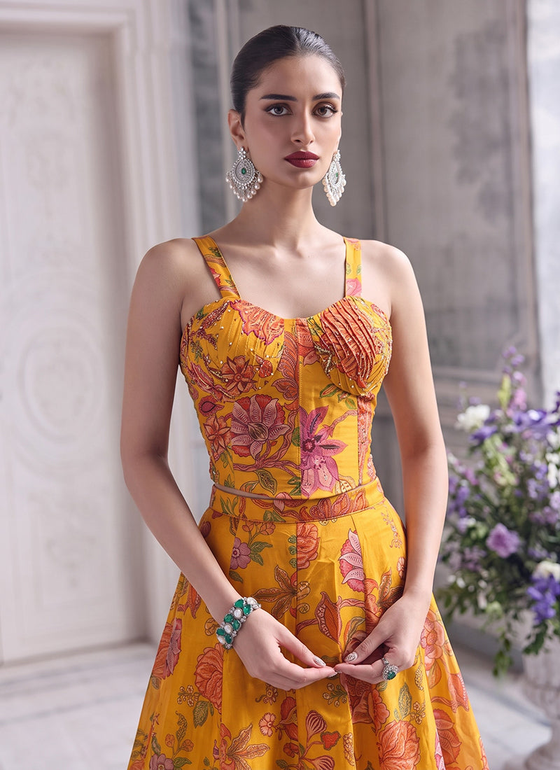 Yellow Floral Print Organza Silk Lehenga Set